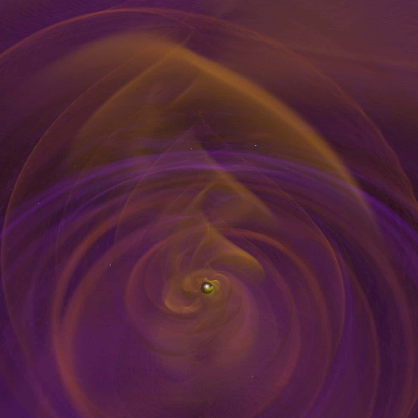 Simulation of two black holes merging, spacetime rippling outward with gravitational waves